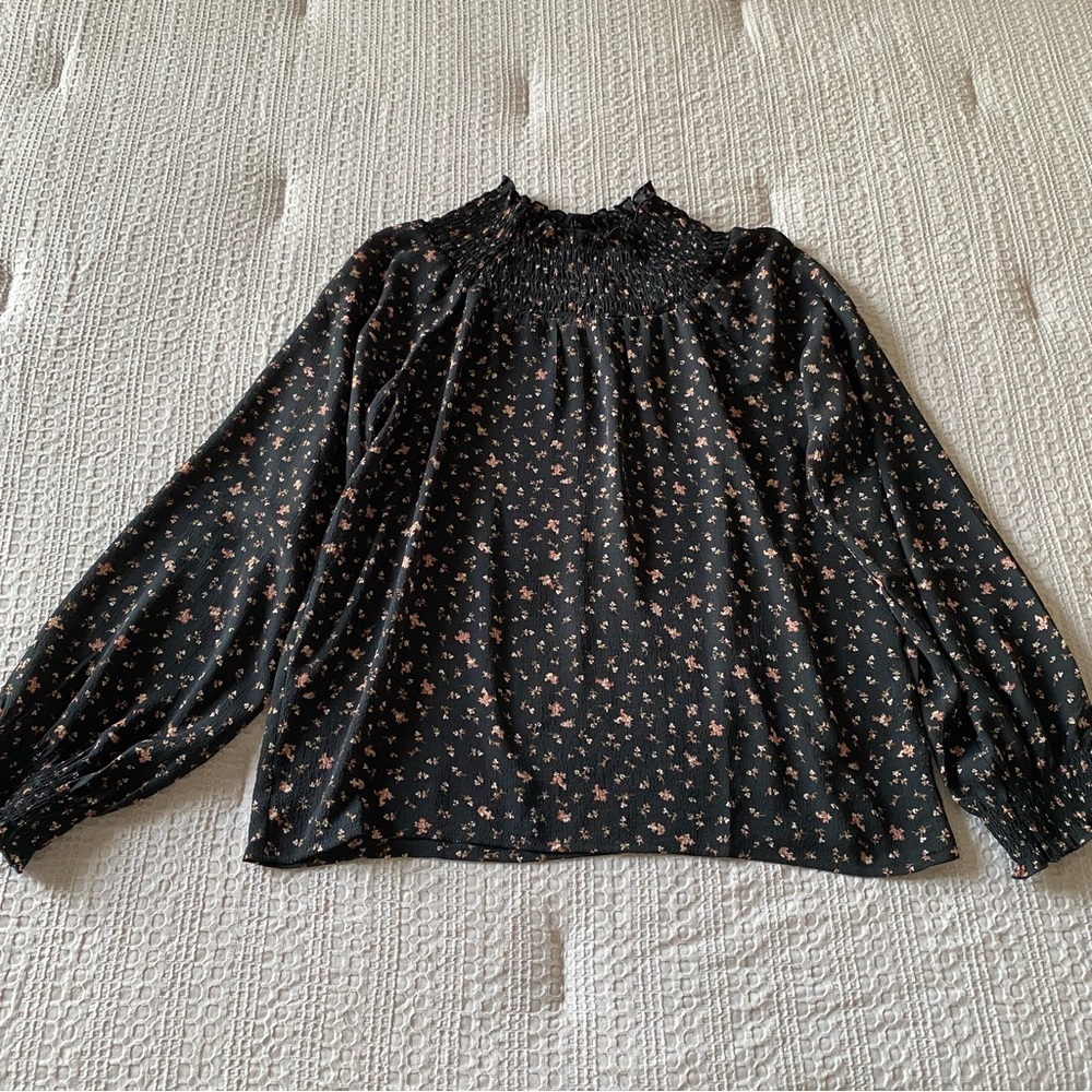 Madewell Floral Black Smocked Ruffle Top Blouse Long Sleeve Small Work Casual
